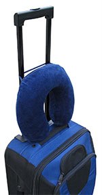Travelmate pillow strapped to luggage